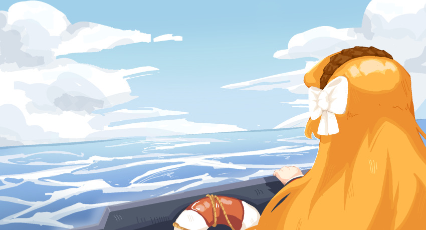 1girl blue_sky bow cloud cloudy_sky from_behind hair_bow hairband hand_rest highres ishmael_(project_moon) lifebuoy limbus_company long_hair ocean on_ship orange_hair outdoors project_moon scenery sky solo swim_ring very_long_hair white_bow zhoufuyefu