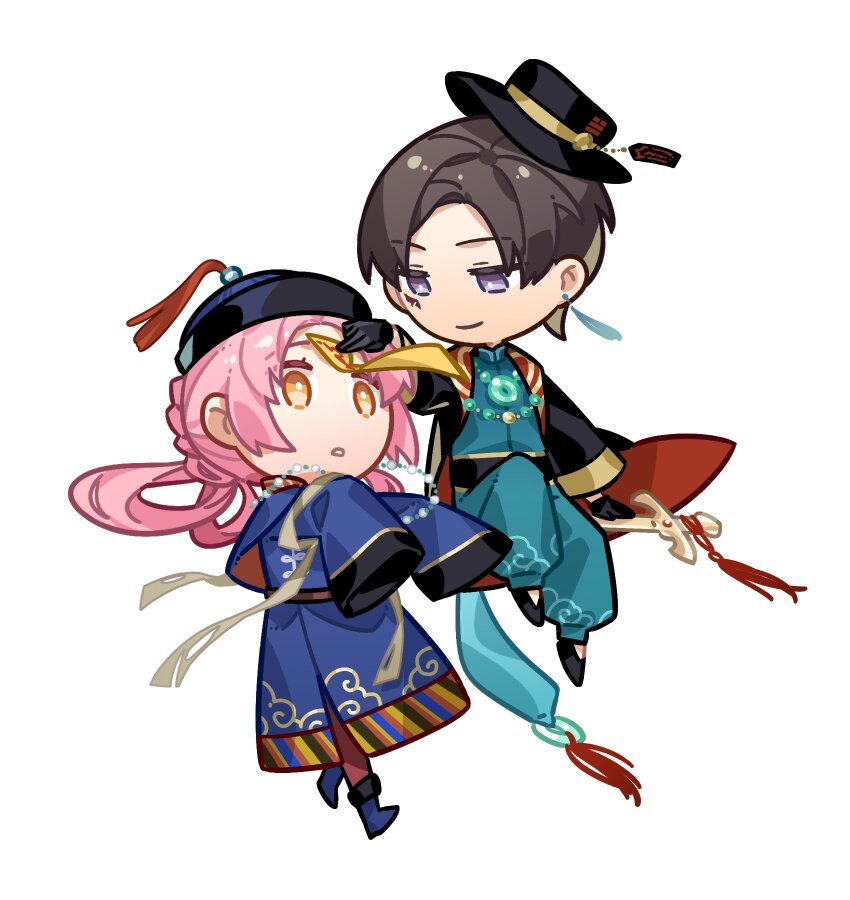 1boy 1girl aqua_pants aqua_shirt baggy_pants bead_necklace beads binglanxianqi black_footwear black_gloves black_hat black_robe blue_dress blue_footwear blue_hat boots bright_pupils brown_eyes brown_hair bun_with_braided_base changpao chibi chinese_clothes closed_mouth cloud_print collared_shirt dress earrings eyelashes floating gloves hair_bun hair_rings happy hat hat_tassel high_collar highres holding holding_sword holding_weapon invisible_chair jewelry jiangshi long_dress long_hair long_sleeves looking_at_another marking_on_cheek mini_hat monsterification necklace nikki_(nikki) nikki_(series) ofuda ofuda_on_head outstretched_arms pants pantyhose parted_lips pink_hair prayer_beads purple_eyes qin_yi qingdai_guanmao red_pantyhose red_robe robe shining_nikki shirt shoes simple_background single_earring single_hair_bun sitting sleeves_past_fingers sleeves_past_wrists smile surprised sword sword_tassel tassel tassel_earrings two-sided_robe weapon white_background white_pupils zombie_pose