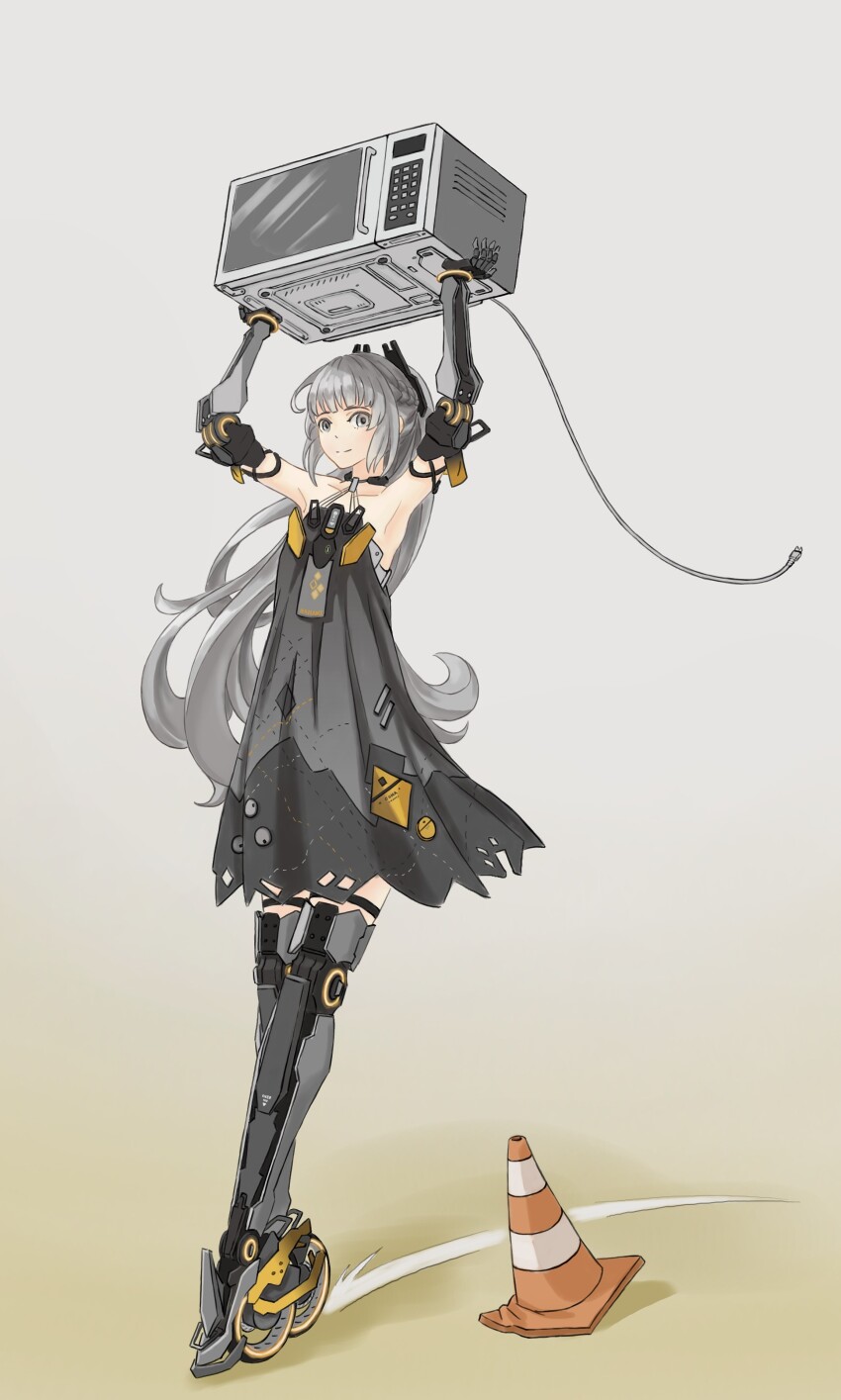 1girl absurdres bare_shoulders black_choker black_dress bob_cut braid chest_protector choker dress flat_chest french_braid full_body grey_eyes grey_hair hair_ornament highres holding_microwave jewelry joints long_hair mechanical_arms mechanical_legs nanami:_pulse_(pgr) nanami_(pgr) ponytail punishing:_gray_raven robot_joints roller_skates sidelocks skates sleeveless sleeveless_dress solo thighlet traffic_cone trashpanda_11b very_long_hair