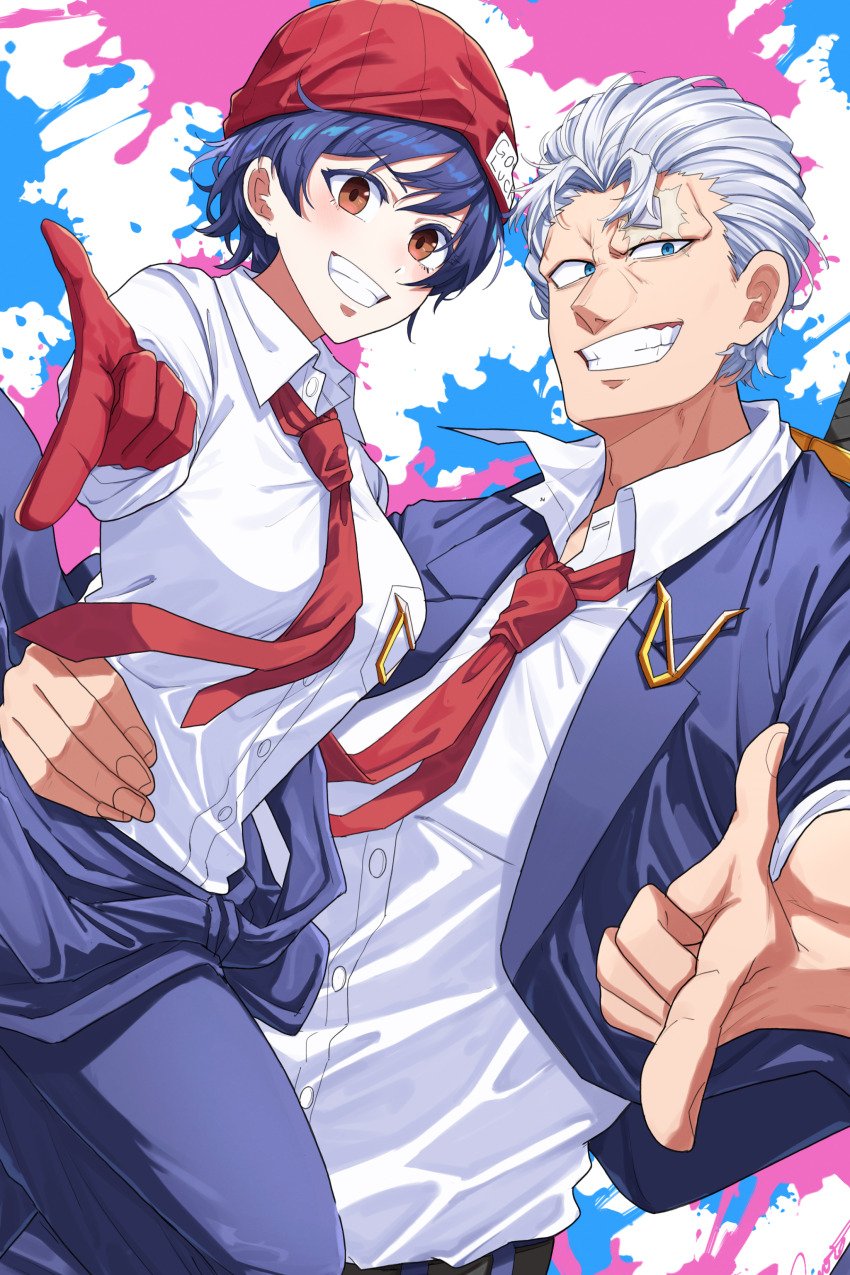 1boy 1girl absurdres andy_(undead_unluck) arm_around_waist black_hair black_jacket blue_eyes breasts brown_eyes gloves grey_hair grin hair_slicked_back highres izumo_fuuko jacket medium_breasts necktie red_gloves red_headwear red_necktie scar shirt shishiruto smile undead_unluck white_shirt
