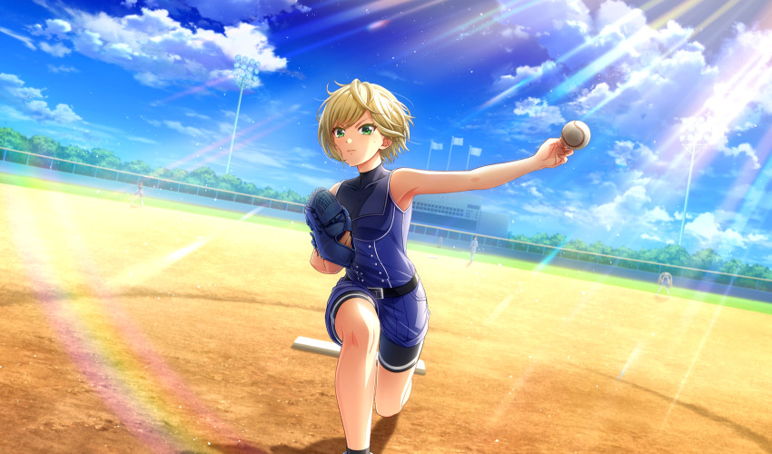 ball baseball baseball_(object) baseball_glove baseball_stadium baseball_uniform belt belt_buckle bike_shorts bike_shorts_under_shorts black_belt black_shorts black_socks blonde_hair blue_shirt blue_shorts blurry buckle cinderella_series closed_mouth cloud depth_of_field drill_hair dutch_angle film_grain flag game_cg green_eyes hachigatsu_no_cinderella_nine highres holding holding_ball kousaka_tsubaki light_particles light_rays long_hair looking_at_viewer multiple_girls non-web_source official_art outdoors pitching pitching_mound playing_sports scoreboard shiomi_nagisa shirt short_hair shorts sky sleeveless sleeveless_shirt socks solo_focus sportswear sunbeam sunlight sweat twin_drills v-shaped_eyebrows