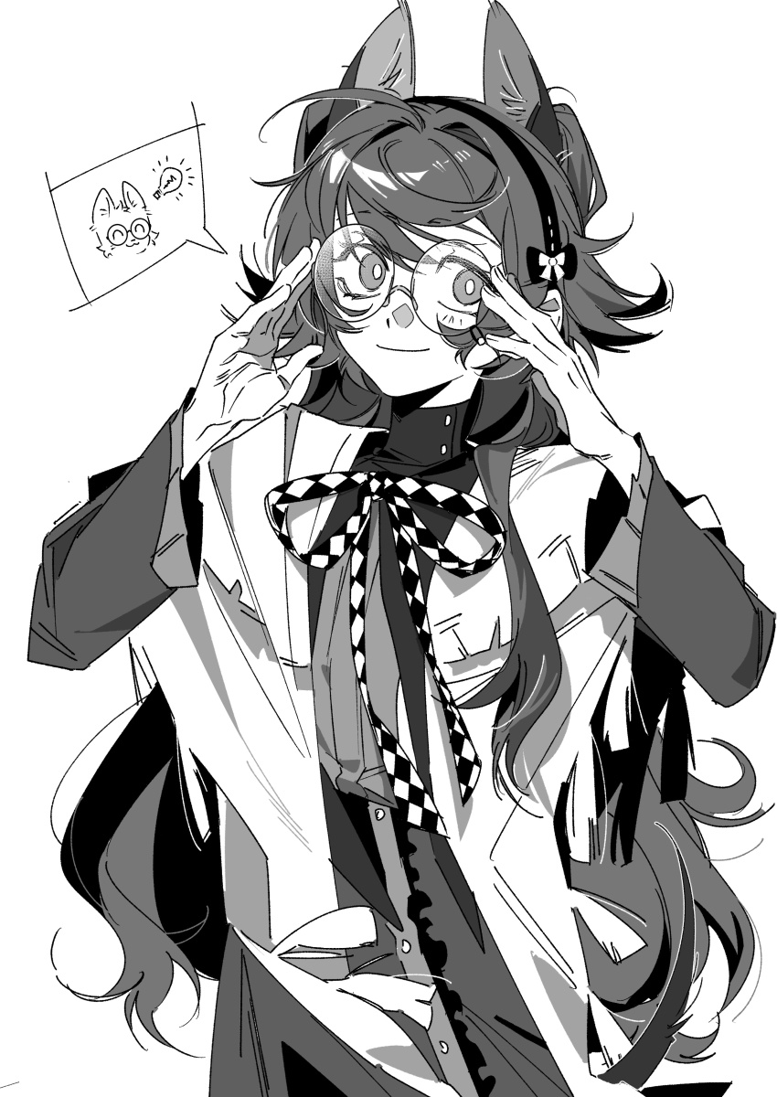 1girl absurdres adjusting_eyewear capelet checkered_ribbon closed_mouth glasses greyscale hairband hands_on_eyewear hands_up highres kemonomimi_mode light_bulb long_hair long_sleeves looking_at_viewer molu_stranger monochrome neck_ribbon red_eyes reverse:1999 ribbon simple_background smile solo sonetto_(emotion_in_tranquility)_(reverse:1999) sonetto_(reverse:1999) speech_bubble spoken_character spoken_light_bulb two_side_up upper_body very_long_hair white_background
