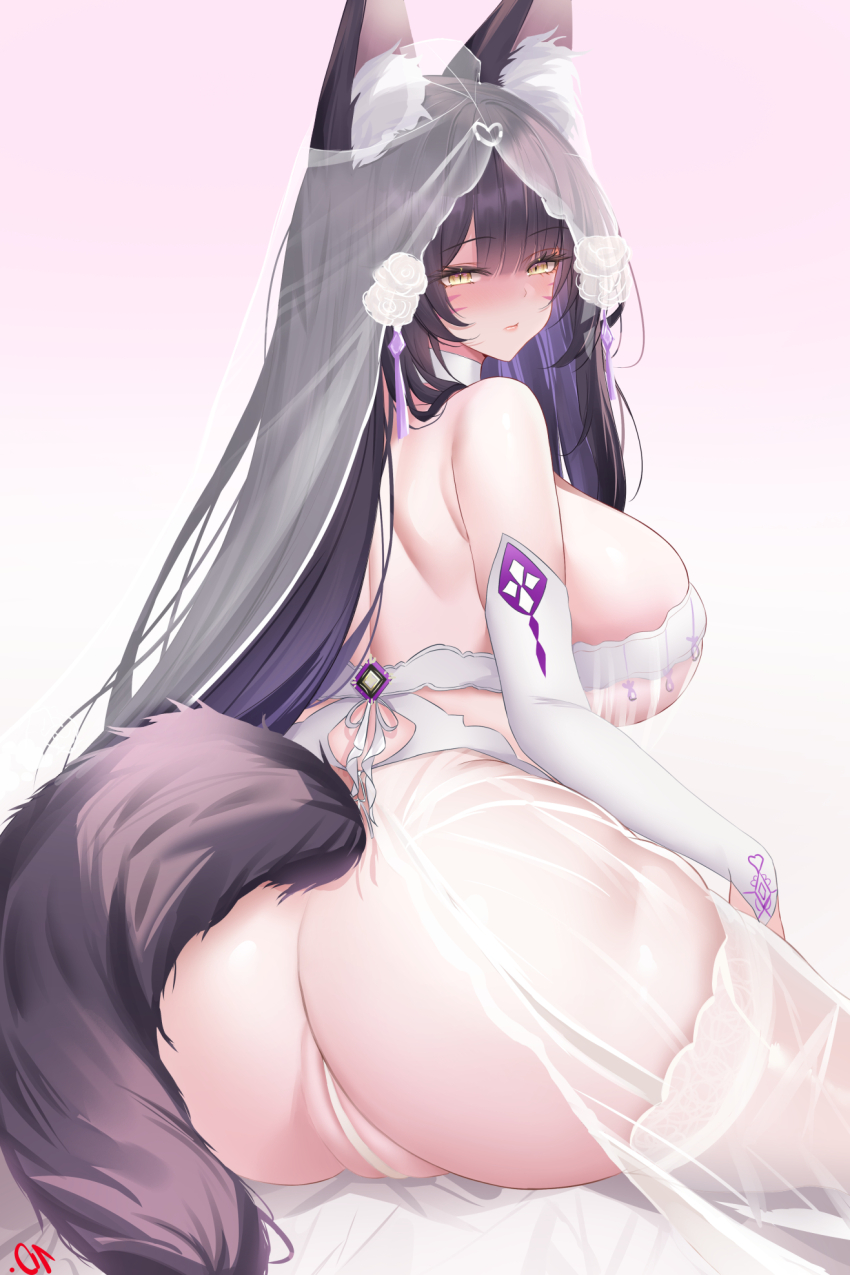1girl animal_ear_fluff animal_ears ass azur_lane bare_back bare_shoulders breasts bridal_veil bride commentary elbow_gloves english_commentary flower fox_ears from_behind gloves highres huge_breasts lace lace-trimmed_thighhighs lace_trim long_hair looking_at_viewer looking_back musashi_(azur_lane) nanoda002_(saber427) purple_hair purple_tail rose simple_background solo thighhighs veil very_long_hair white_flower white_gloves white_rose white_thighhighs white_veil yellow_eyes
