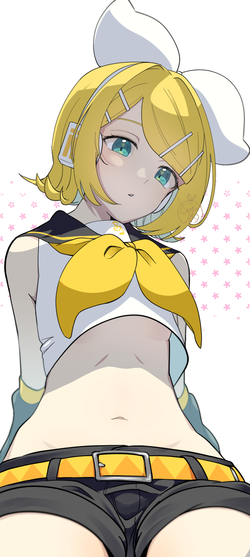 1girl absurdres aqua_eyes arms_behind_back belt black_shorts black_sleeves blonde_hair bow breasts cowboy_shot detached_sleeves from_below hair_bow hair_ornament hairclip head_tilt headphones highres kagamine_rin midriff navel neckerchief noa_(retsuhim6927) parallel_hairclips shirt short_hair shorts signature sleeveless sleeveless_shirt small_breasts solo underboob vocaloid white_bow white_shirt yellow_belt yellow_neckerchief