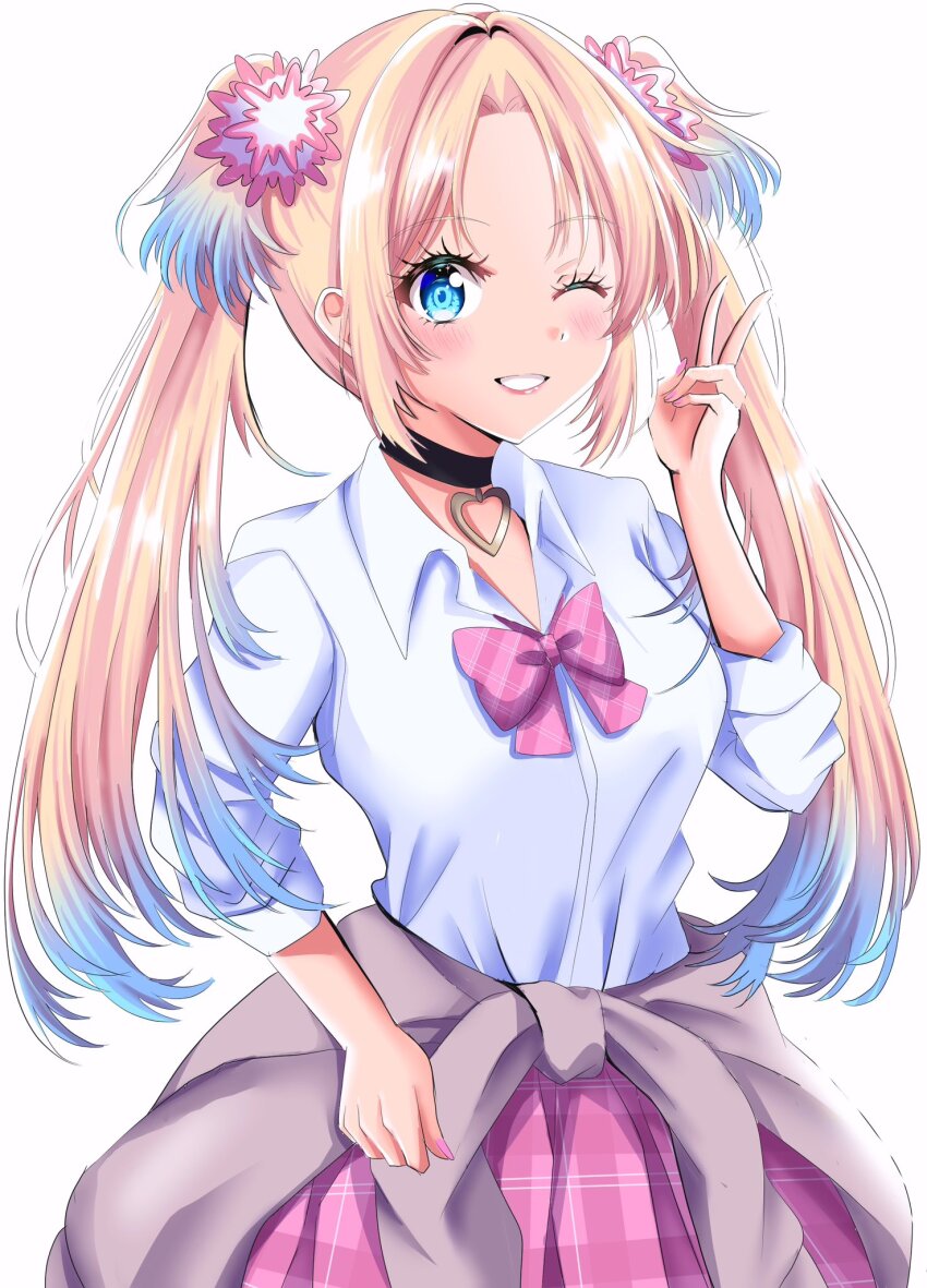 1girl ;d alternate_costume black_choker blonde_hair blue_hair blush bow bowtie breasts cardigan cardigan_around_waist choker clothes_around_waist collared_shirt commentary_request cowboy_shot curtained_hair dress_shirt flower gradient_hair grey_cardigan grin gyaru hair_flower hair_intakes hair_ornament heart heart_choker highres kogal link!_like!_love_live! looking_at_viewer love_live! love_live!_nijigasaki_high_school_idol_club maymaru medium_breasts multicolored_hair nail_polish one_eye_closed open_mouth osawa_rurino parted_bangs pink_bow pink_bowtie pink_flower pink_nails pink_skirt plaid_bow plaid_bowtie plaid_clothes plaid_skirt pleated_skirt shirt sidelocks simple_background skirt smile solo three-quarter_sleeves twintails two-tone_hair v virtual_youtuber white_background white_shirt