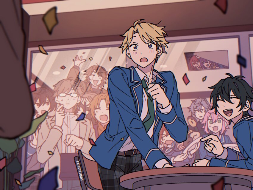 6+boys ayase_mayoi belt bishounen blurry chromatic_aberration clenched_hand confetti dated depth_of_field donut dropped_food ensemble_stars! film_grain food hand_up happy_birthday highres himemiya_tori indoors kagehira_mika kunugi_akiomi leaning_forward light_blush male_focus mikejima_madara multiple_boys narukami_arashi niyororinpayamaru open_mouth plant plate pointing potted_plant sakasaki_natsume sakuma_ritsu school_uniform sena_izumi_(ensemble_stars!) shirt_tucked_in solo_focus standing suou_tsukasa surprised throwing throwing_confetti tsukinaga_leo vent_(object)