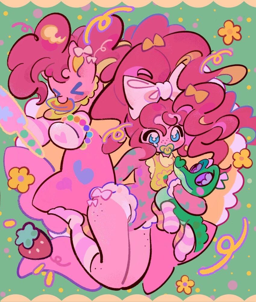 &gt;_&lt; 1girl animal bib blue_eyes body_freckles bow bright_pupils crocodilian curvy dual_persona flower fluffy_hair food_in_mouth freckles green_background gummy_(my_little_pony) hair_bow highres holding holding_animal humanization large_bow legs_together leotard long_sleeves my_little_pony my_little_pony:_friendship_is_magic pacifier pet pink_hair pink_socks pinkie_pie socks striped_clothes striped_socks white_bow white_pupils yanyannonoz yellow_flower