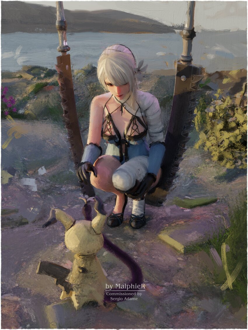 1girl absurdres artist_name bandaged_arm bandaged_leg bandaged_neck bandages border breasts closed_mouth commentary commission commissioner_name crossover english_commentary gen_7_pokemon highres kaine_(nier) large_breasts lingerie malphier mimikyu negligee nier nier_(series) nintendo outdoors planted planted_sword planted_weapon pokemon pokemon_(creature) squatting sword underwear weapon white_border white_hair