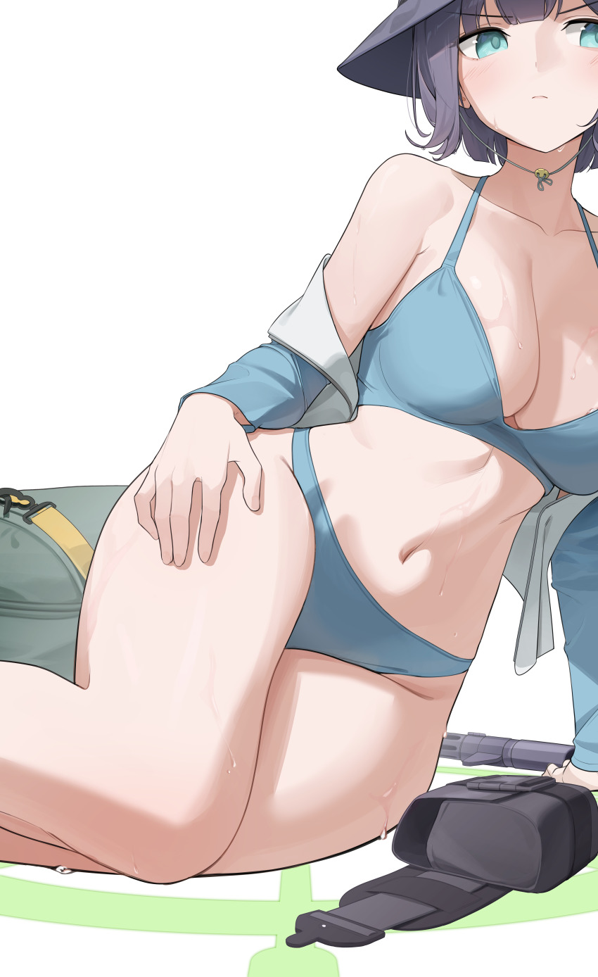 1girl absurdres aqua_eyes bag bare_shoulders bikini blue_archive blue_bikini blue_jacket blush breasts bucket_hat cleavage closed_mouth commentary_request cropped_jacket duffel_bag grey_bag hat highres jacket korean_commentary large_breasts looking_at_viewer navel open_clothes open_jacket raglan_sleeves saki_(blue_archive) saki_(swimsuit)_(blue_archive) samgong short_hair simple_background sitting solo swimsuit thighs v-shaped_eyebrows wet white_background white_jacket yokozuwari