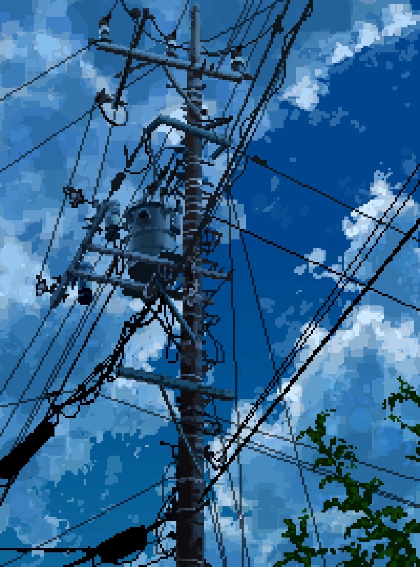blue_sky blue_theme cloud cloudy_sky day from_below highres hisachan55cute no_humans original outdoors pixel_art power_lines scenery sky sky_focus tree utility_pole