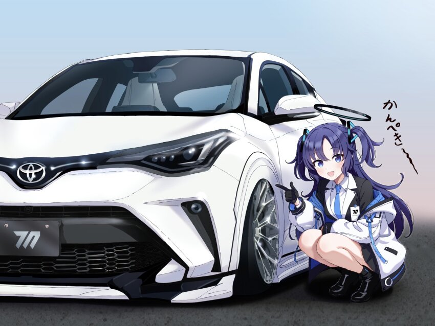 1girl :d black_gloves black_halo black_shoes black_skirt black_suit blue_archive blue_eyes blue_necktie blush car collared_shirt commentary_request formal_clothes full_body gesupi_(provlemsolver57) gloves hair_intakes hair_ornament halo hand_up happy highres index_finger_raised jacket long_hair looking_at_viewer mechanical_halo miniskirt motor_vehicle necktie open_clothes open_jacket open_mouth purple_hair red_pupils school_uniform shirt shoes simple_background skirt smile solo squatting suit translated triangle_hair_ornament two_side_up vehicle_focus vehicle_request very_long_hair white_car white_jacket white_shirt yuuka_(blue_archive)