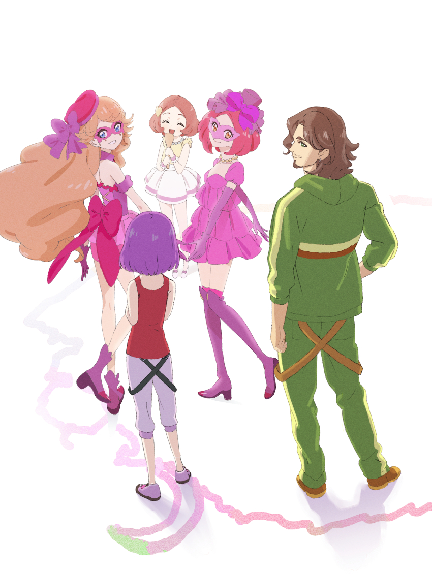 1boy 4girls :d aikatsu! aikatsu!_(series) arm_at_side bare_shoulders beard blue_eyes bow brown_hair closed_eyes dot_nose dress dual_persona elbow_gloves facial_hair forehead fox_mask from_behind gloves green_eyes green_hoodie green_pants grin hair_ornament hat hat_bow heart heart_hair_ornament high_heels highres holding hood hood_down hoodie hoshimiya_ringo_(aikatsu!) idol jewelry johnny_beppu kanzaki_mizuki long_hair long_sleeves looking_at_viewer mask masquerade_mask medium_hair mitsuishi_orihime multiple_girls necklace open_mouth pants pearl_necklace pink_dress pink_hat pink_sash purple_bow purple_footwear purple_gloves purple_hair purple_shorts purple_thighhighs red_hair red_shirt saitou_atsushi_(kamatamanankotu) sash shirt shoes short_dress shorts simple_background skirt sleeveless sleeveless_shirt smile standing thighhighs white_background white_skirt yellow_eyes yellow_shirt zettai_ryouiki