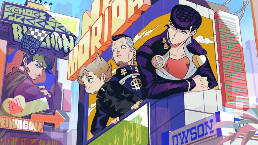 4boys black_hair blue_sky brown_hair city collarbone commentary_request crossed_arms diamond_wa_kudakenai dollar_sign english_text eyelashes gakuran heart higashikata_josuke highres hirose_koichi jojo_no_kimyou_na_bouken kishibe_rohan male_focus multiple_boys nijimura_okuyasu parted_lips pompadour red_shirt school_uniform shirt short_hair sky smile tirauraja undercut yen_sign