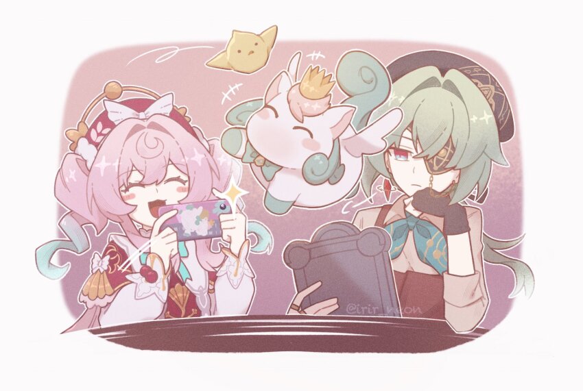 1boy 1girl anaxa_(honkai:_star_rail) beret black_hat chibi chibi_only closed_eyes closed_mouth creature dress eyepatch hat highres holding holding_phone honkai:_star_rail honkai_(series) hyacine_(honkai:_star_rail) little_ica_(honkai:_star_rail) neon_(irir_neon) one_eye_covered open_mouth phone red_dress red_hat smile twitter_username upper_body white_background