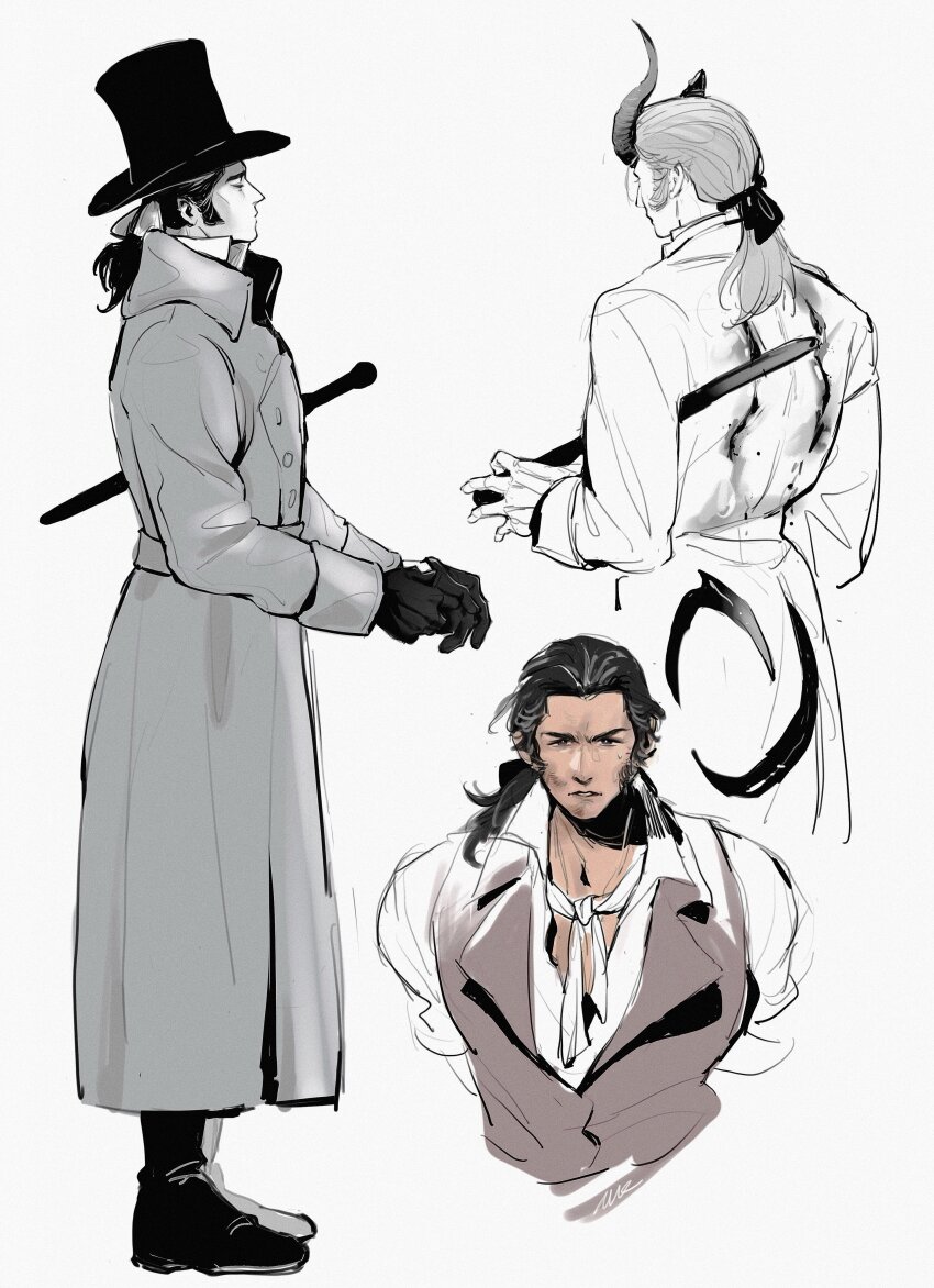 1boy absurdres black_hair blood cane closed_eyes coat gloves hat highres horns injury javert les_miserables male_focus multiple_views parted_lips ponytail sideburns top_hat torn_wings vamos_mk vest wings