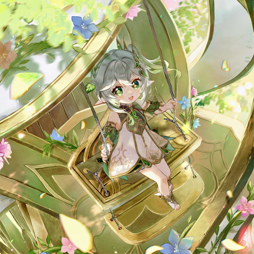 1girl :d absurdres bare_shoulders blue_flower commentary_request cross-shaped_pupils detached_sleeves dress flower full_body genshin_impact gold_trim gradient_hair green_eyes green_hair green_sleeves hair_between_eyes hair_ornament highres leaf_hair_ornament long_hair looking_at_viewer multicolored_hair nahida_(genshin_impact) new_(new_gnsn) open_mouth pink_flower pointy_ears side_ponytail sitting sleeveless sleeveless_dress smile solo stirrup_legwear symbol-shaped_pupils toeless_legwear toes white_dress white_hair