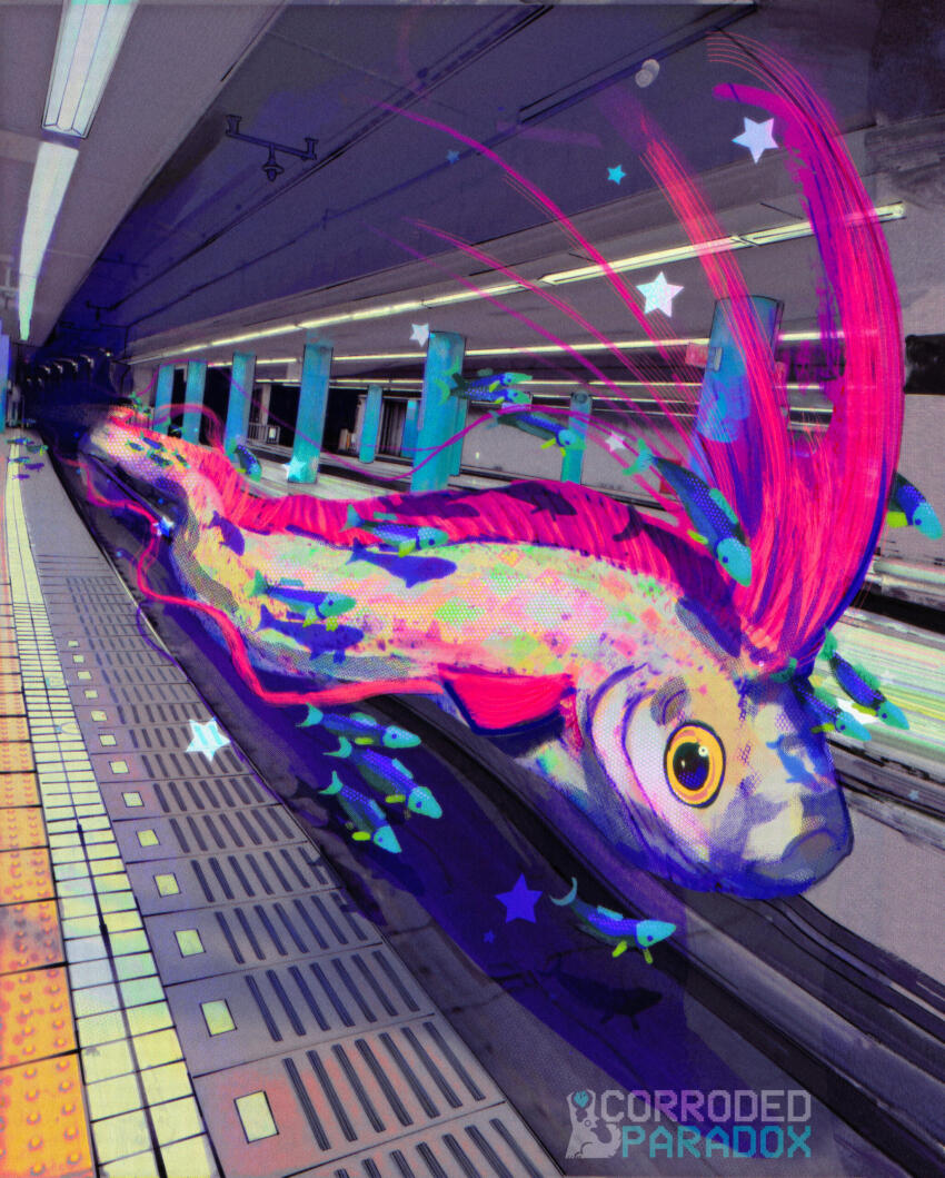absurdres alt_text animal animal_focus artist_logo commentary corrodedparadox english_commentary fish fluorescent_lamp foreshortening highres logo no_humans oarfish original oversized_animal star_(symbol) subway_station tactile_paving tile_floor tiles