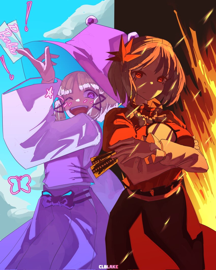 2girls barbenheimer_(meme) barbie_(franchise) bug butterfly cloud corporalblake dress explosion hat highres insect meme mirror moriya_suwako multiple_girls one_eye_closed open_mouth oppenheimer_(movie) purple_dress purple_eyes red_eyes red_shirt shirt skirt smile standing ticket touhou watermark yasaka_kanako