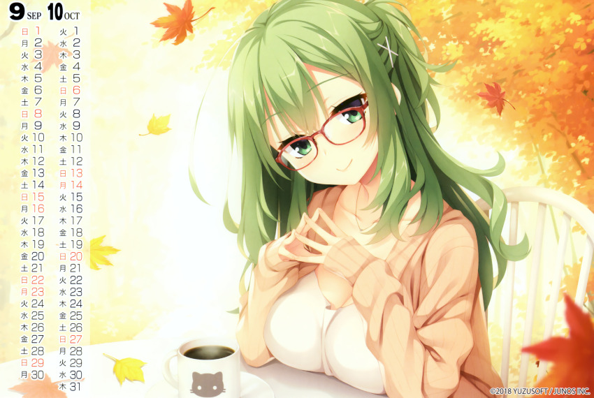 1girl animal_print breasts calendar_(medium) cat_print chair cleavage closed_mouth coffee coffee_mug collarbone company_name copyright_notice cup elbow_rest falling_leaves glasses green_eyes green_hair hair_ornament head_tilt highres jewelry large_breasts leaf long_hair looking_at_viewer maple_leaf maple_tree mug muririn necklace official_art on_chair one_side_up orange_sweater riddle_joker shikibe_mayu shirt sitting sleeves_past_wrists smile solo steepled_fingers straight_hair sweater table tree upper_body white_shirt x_hair_ornament