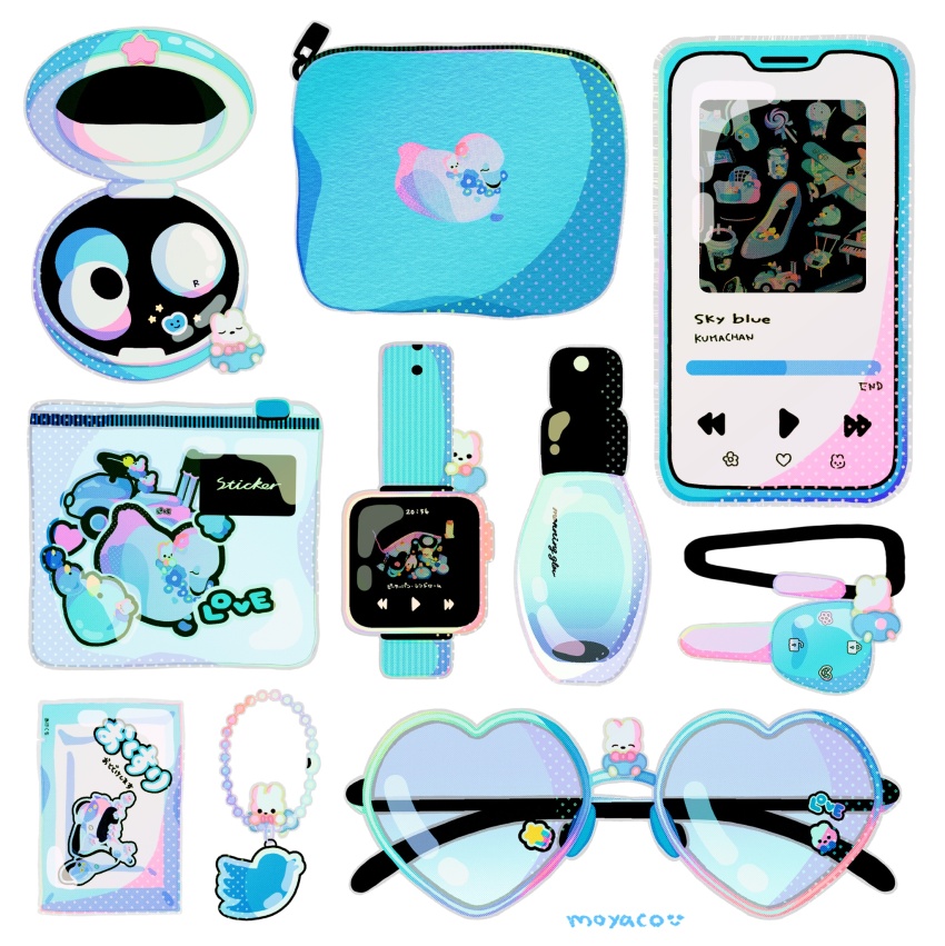 airpods aqua_theme artist_name bottle cellphone cellphone_charm charm_(object) commentary creature earbuds earbuds_charging_case earphones english_commentary english_text highres key moyaco no_humans original perfume_(cosmetics) perfume_bottle phone pouch signature simple_background smartphone smartwatch solid_circle_eyes solid_eyes sticker sunglasses twitter_logo watch white_background wireless_earphones wristwatch