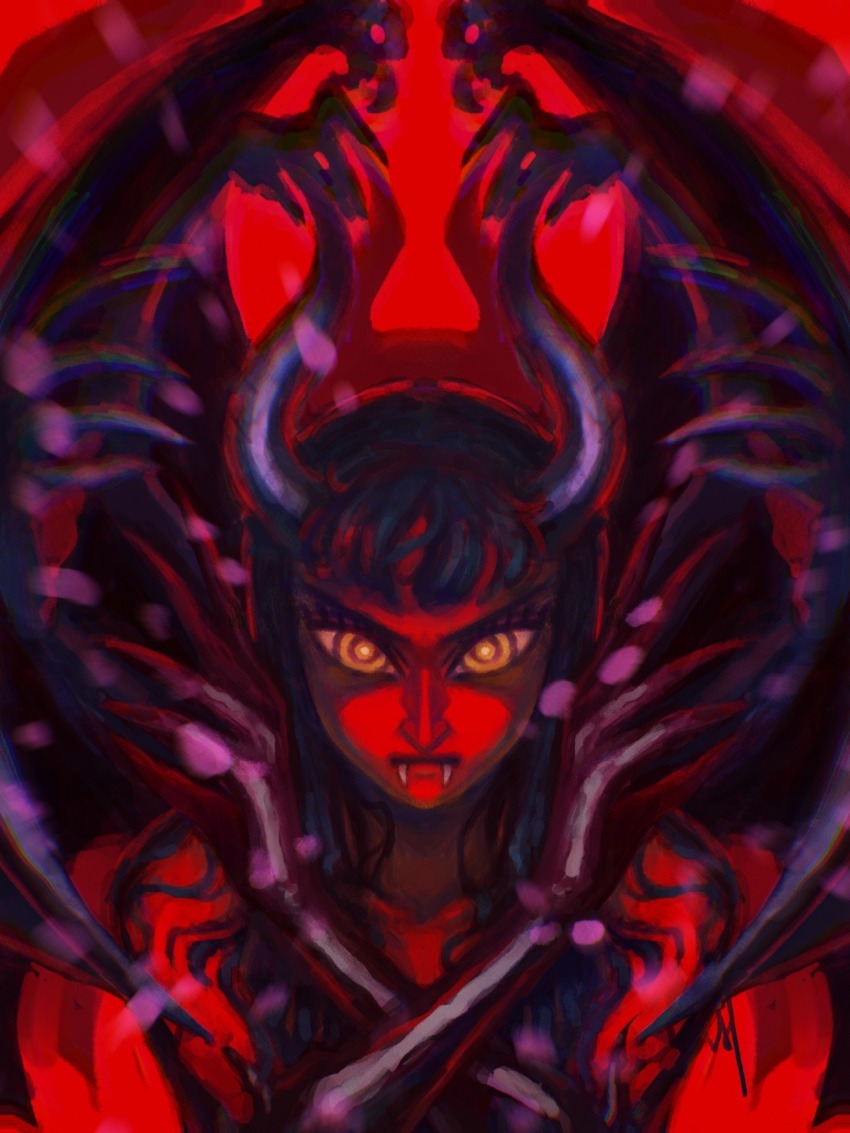 1girl alternate_form blunt_bangs commentary demon_girl demonio_fleur english_commentary extra_arms eyelashes fangs hana_hana_no_mi highres horns long_hair looking_at_viewer nico_robin one_piece red_background red_theme ringed_eyes simple_background solo upper_body vvnhuang wings yellow_eyes