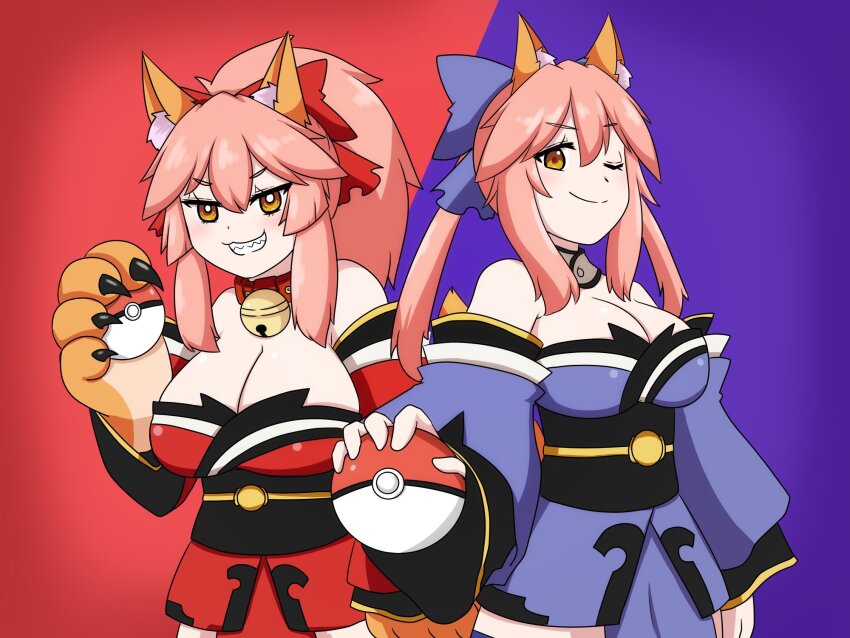 2girls animal_ear_fluff animal_ears animal_hands bare_shoulders bell blue_kimono blue_ribbon blush breasts cat_paws cleavage collar detached_sleeves fate/grand_order fate_(series) fox_ears fox_girl fox_tail gloves hair_ribbon highres japanese_clothes jingle_bell keita_naruzawa kimono large_breasts looking_at_viewer multiple_girls neck_bell one_eye_closed paw_gloves pink_hair poke_ball ponytail red_kimono red_ribbon ribbon split_ponytail tail tamamo_(fate) tamamo_cat_(fate) tamamo_cat_(first_ascension)_(fate) tamamo_no_mae_(fate) yellow_eyes