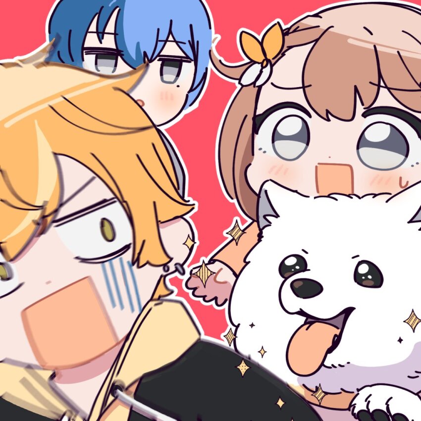 1girl 2boys aoyagi_touya black_eyes blonde_hair blue_hair blush brown_hair commentary_request dark_blue_hair drawstring earrings green_eyes grey_eyes hair_ornament hanasato_minori hood hood_down hoop_earrings jewelry long_sleeves mole mole_under_eye multicolored_hair multiple_boys orange_hair project_sekai sarariman114 shinonome_akito short_hair split-color_hair star_(symbol) streaked_hair tongue tongue_out twintails white_dog