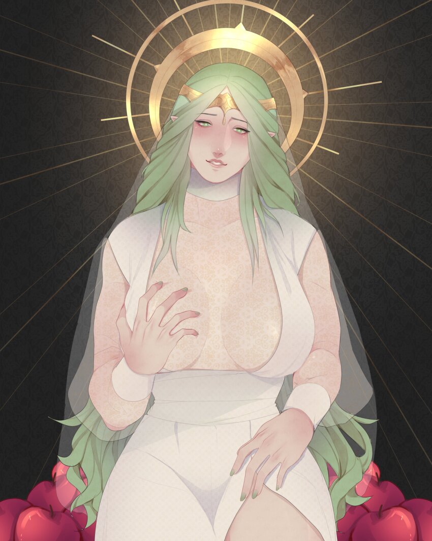 1girl absurdres breasts cleavage deep_skin dress fire_emblem fire_emblem:_three_houses grabbing_own_breast green_eyes green_hair headdress highres large_breasts light_rays long_hair nintendo pointy_ears rani_ki rhea_(fire_emblem) smile solo sunbeam sunlight thick_thighs thighs tiara very_long_hair white_dress