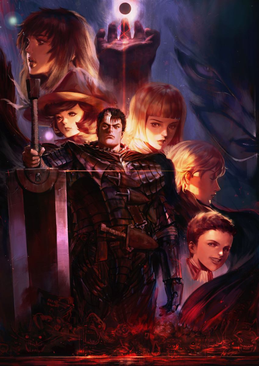 4boys absurdres armor berserk berserker_armor black_cloak black_hair blonde_hair bob_cut brand_of_sacrifice brown_hair casca_(berserk) cloak closed_eyes closed_mouth demon dragonslayer_(sword) eclipse farnese_(berserk) femto_(berserk) greatsword griffith_(berserk) grin guts_(berserk) hat highres holding holding_sword holding_weapon isidro_(berserk) lipstick looking_at_viewer makeup mokuson2 multicolored_hair multiple_boys one_eye_closed open_mouth prosthesis prosthetic_arm purple_lips scar scar_on_face schierke_(berserk) serpico_(berserk) short_hair shoulder_armor slit_pupils smile solar_eclipse spiked_hair streaked_hair sword teeth weapon witch witch_hat