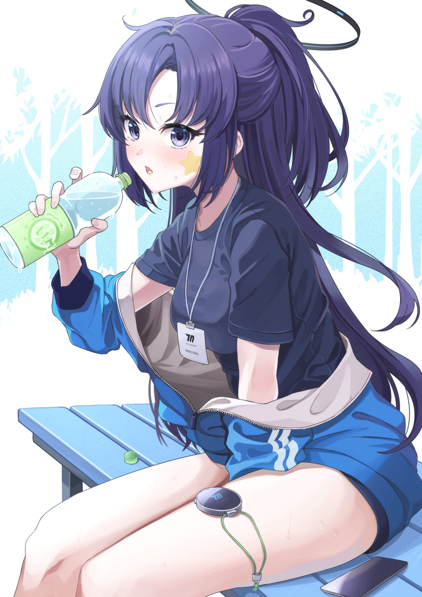 1girl bare_legs black_shirt blue_archive blue_jacket blush bottle breasts facepaint feet_out_of_frame half_updo halo highres holding holding_bottle jacket lanyard looking_at_viewer medium_breasts official_alternate_costume ponytail purple_eyes purple_hair shirousagi_una shirt sitting solo star_(symbol) stopwatch sweat track_jacket watch yuuka_(blue_archive) yuuka_(track)_(blue_archive)