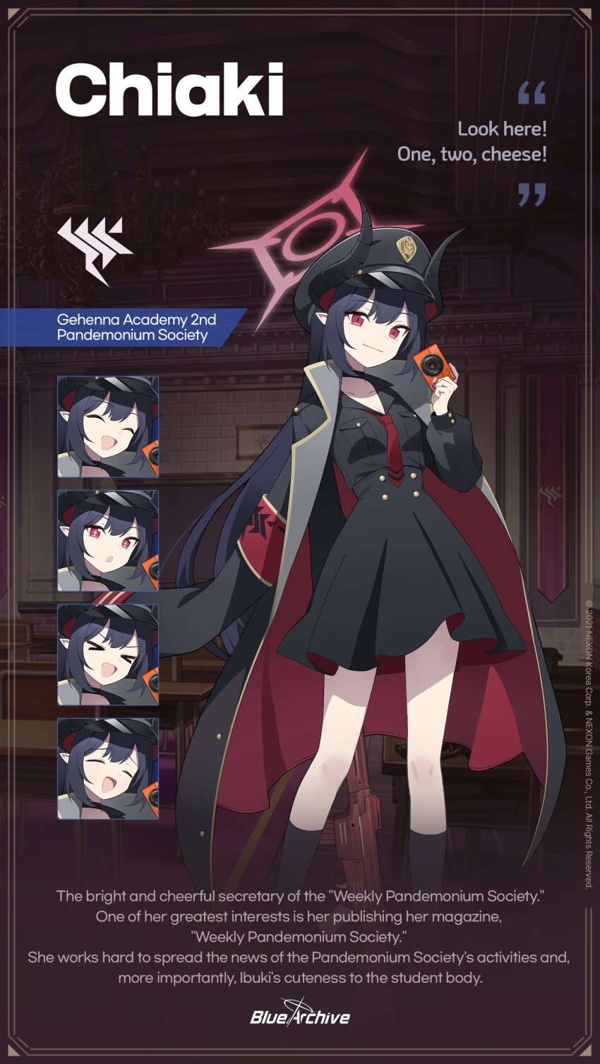 &gt;_&lt; 1girl :d absurdres assault_rifle black_hair black_horns black_jacket black_shirt black_skirt black_socks blue_archive camera chiaki_(blue_archive) choker commentary demon_horns dydldidl english_commentary english_text gehenna_academy_logo gun halo hat highres holding holding_camera horns jacket long_hair looking_at_viewer multiple_expressions necktie official_art open_mouth pointy_ears red_eyes red_halo red_necktie rifle shirt skirt smile socks stg44 weapon xd