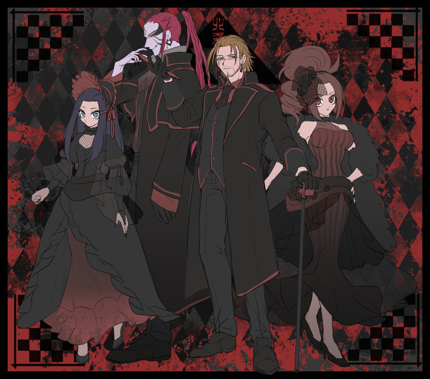 ascot black_flower black_hair black_nails black_necktie black_pants black_rose black_shoes blonde_hair blue_eyes breasts brown_eyes cane choker dress earrings eyeshadow facial_hair father_and_daughter fingernails fishnet_gloves fishnet_pantyhose fishnets flower formal_clothes frilled_dress frills fur_trim fuuma_kotarou gloves hair_flower hair_ornament hair_ribbon hand_on_own_hip hayakawa-dono high_heels highres hojo_ujiyasu jacket japanese_clothes jewelry kaihime kimono large_breasts lips lipstick long_hair makeup necklace necktie pants pantyhose parted_bangs ponytail red_eyes red_hair red_shirt red_trim ribbon rose scar sengoku_musou shirt shoes smile smoking_pipe striped_clothes striped_dress stubble suit suit_jacket