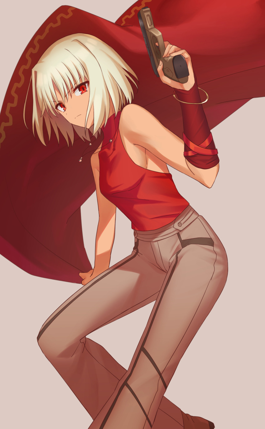 1girl 428 428:_fuusa_sareta_shibuya_de absurdres bad_id bad_pixiv_id breasts brown_pants canaan_(character) canaan_(series) closed_mouth detached_sleeves frown grey_background gun hair_between_eyes handgun highres holding holding_gun holding_weapon looking_at_viewer okakasushi pants red_eyes red_shirt red_sleeves shirt short_hair sideboob silver_hair sleeveless sleeveless_shirt small_breasts solo weapon