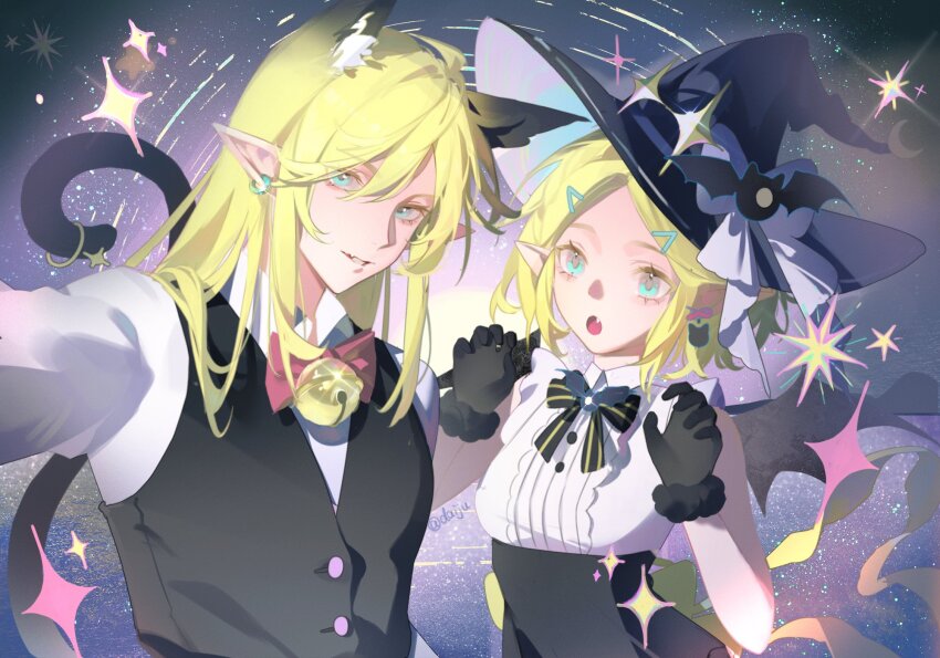 1boy 1girl :o animal_ears aqua_eyes bell black_bow black_bowtie black_corset black_gloves black_hat black_tail black_vest blonde_hair bow bowtie cat_ears center_frills claw_pose collared_shirt corset fake_animal_ears fang frills gloves grin hands_up hat highres link long_hair neck_bell nintendo outstretched_arm pointy_ears princess_zelda reaching reaching_towards_viewer red_bow red_bowtie selfie shimian_ju shirt short_hair sleeveless sleeveless_shirt smile sparkle star_(sky) star_trail starry_sky_background the_legend_of_zelda traditional_bowtie upper_body vest waistcoat white_shirt witch_hat