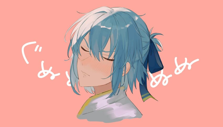 1boy blue_hair blush closed_eyes embarrassed facing_to_the_side hair_tie half_updo highres light_blue_hair mahoutsukai_no_yakusoku male_focus nero_turner pink_hair piza-chan ponytail shirt short_hair short_ponytail solo white_shirt