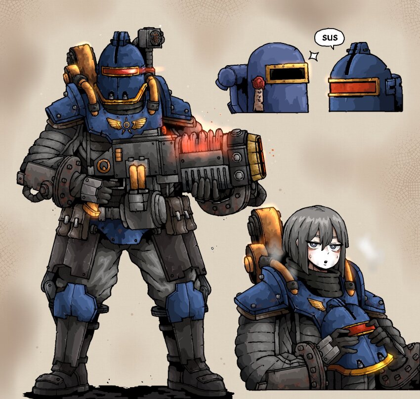 1girl among_us armor astra_militarum energy_gun grey_eyes grey_hair heavy_breathing helmet highres holding holding_helmet looking_at_viewer octosoup over_shoulder plasma_rifle power_armor purity_seal solar_auxillia solo speech_bubble sweat warhammer_40k weapon weapon_over_shoulder
