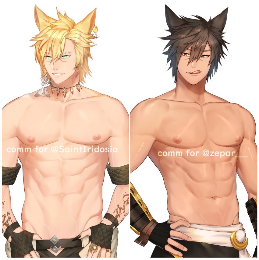 2boys abs animal_ears arm_tattoo black_gloves black_pants blonde_hair brown_eyes brown_hair character_request commission copyright_request dark-skinned_male dark_skin earrings fingerless_gloves fox_ears gloves green_eyes highres jewelry male_focus multiple_boys muscular muscular_male navel nipples pants short_hair smile stomach tattoo teeth tongue tongue_out topless_male zhineart