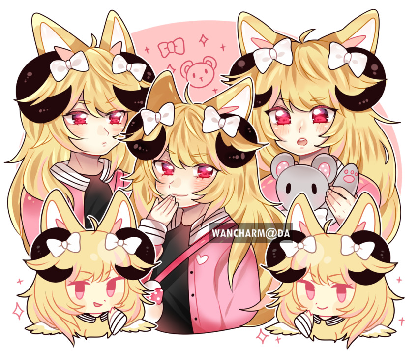 1girl ahoge animal_bag animal_ears annoyed artist_name bag bird_wings black_collar black_horns blush bow buttons cat_ears chibi closed_mouth collar commentary commission cropped_shoulders cropped_torso detached_collar english_commentary eye_mask feathered_wings frown goat_horns hair_bow hair_ears hand_on_own_chin happy heart heart_print holding holding_stuffed_toy horns jacket jersey lips long_hair long_sleeves multiple_views open_clothes open_jacket open_mouth original outline pink_background pink_eyes pink_jacket pink_lips pout shoulder_bag smirk sparkle striped_collar stuffed_animal stuffed_mouse stuffed_toy teeth tsurime two-tone_background upper_teeth_only very_long_hair watermark white_background white_bag white_bow white_outline white_wings wings yuyu_(yuyupurinn)