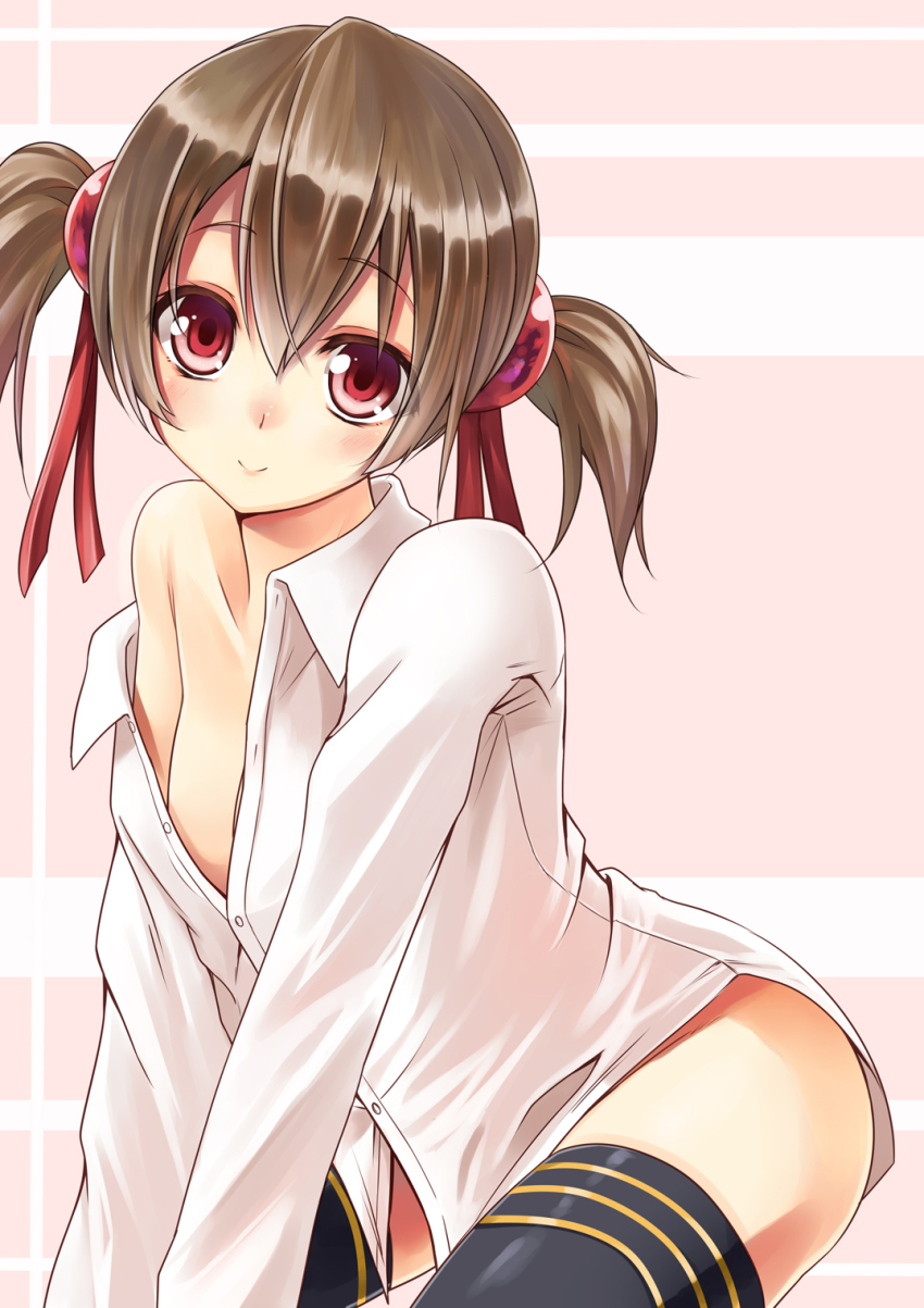 10s 1girl bad_id bad_pixiv_id black_thighhighs blush bottomless brown_hair dress_shirt female_focus highres looking_at_viewer naked_shirt nearly_naked_shirt no_bra off_shoulder red_eyes shirt short_twintails silica simple_background smile solo sword_art_online taletale thighhighs twintails white_background white_shirt