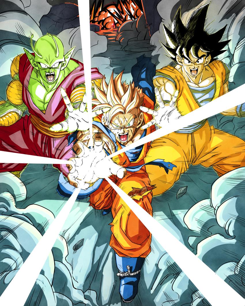 3boys absurdres alternate_universe amputee antennae bald black_hair blonde_hair blue_footwear blue_sash boots collarbone colored_skin commentary_request debris dougi dragon_ball dragon_ball_z_dokkan_battle dragonball_z explosion facing_viewer full_body glowing glowing_hand green_eyes green_sky highres horse_stance kamehameha_(dragon_ball) karigurashi_no_kakarotty looking_at_viewer multiple_boys muscular muscular_male open_mouth orange_pants orange_sash orange_shirt pants pectorals piccolo purple_pants purple_shirt rope sash scar scar_across_eye scar_on_face shirt sky smoke son_gohan_(future) son_goku spiked_hair super_saiyan teeth torn_clothes v-shaped_eyebrows wind