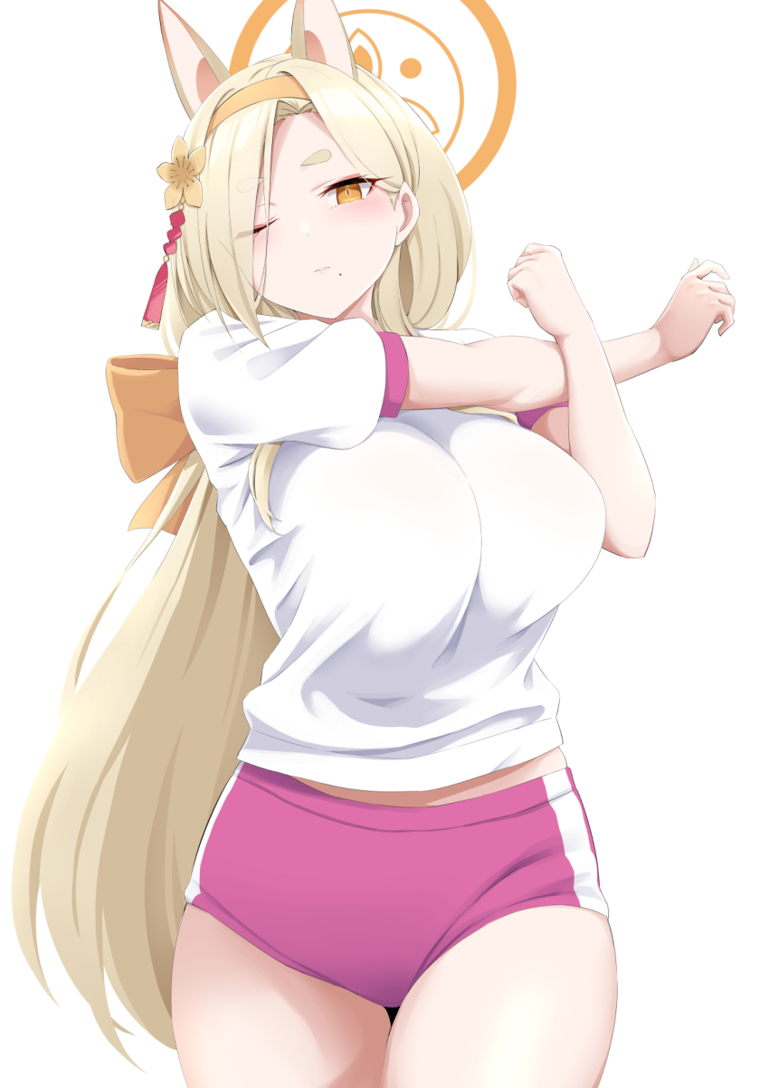 1girl alternate_costume alternate_hairstyle animal_ears blonde_hair blue_archive bow breasts buruma closed_mouth commentary cowboy_shot curvy extra_ears eyes_visible_through_hair eyeshadow flower fox_ears gym_shirt gym_uniform hair_behind_ear hair_bow hair_over_one_eye hairband halo highres kaho_(blue_archive) large_breasts long_hair low_ponytail makeup mole mole_under_mouth one_eye_closed orange_bow orange_flower orange_hairband orange_halo outstretched_arm pink_buruma pink_eyeshadow ponytail shirt short_eyebrows short_sleeves simple_background solo straight_hair stretching takomeshi thick_eyebrows thigh_gap very_long_hair white_background white_shirt