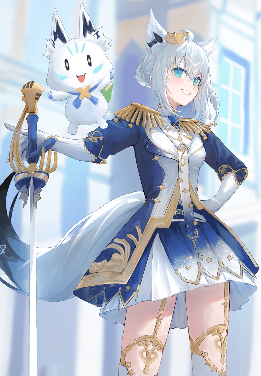 1girl absurdres animal_ears aqua_eyes belt blush braid bun_with_braided_base crossed_bangs crown epaulettes extra_ears folded_braid fox_ears fox_girl fox_tail garter_belt gauntlets gloves gold_crown gold_trim highres holding holding_sword holding_weapon hololive jacket kaze_22 kneehighs long_sleeves military_jacket necktie official_alternate_costume official_alternate_hairstyle pentagram pleated_skirt rapier saber_(weapon) shirakami_fubuki shirakami_fubuki_(fbkingdom) side_braid sidelocks skirt smile socks solo sukonbu_(shirakami_fubuki) sword tail virtual_youtuber weapon white_gloves