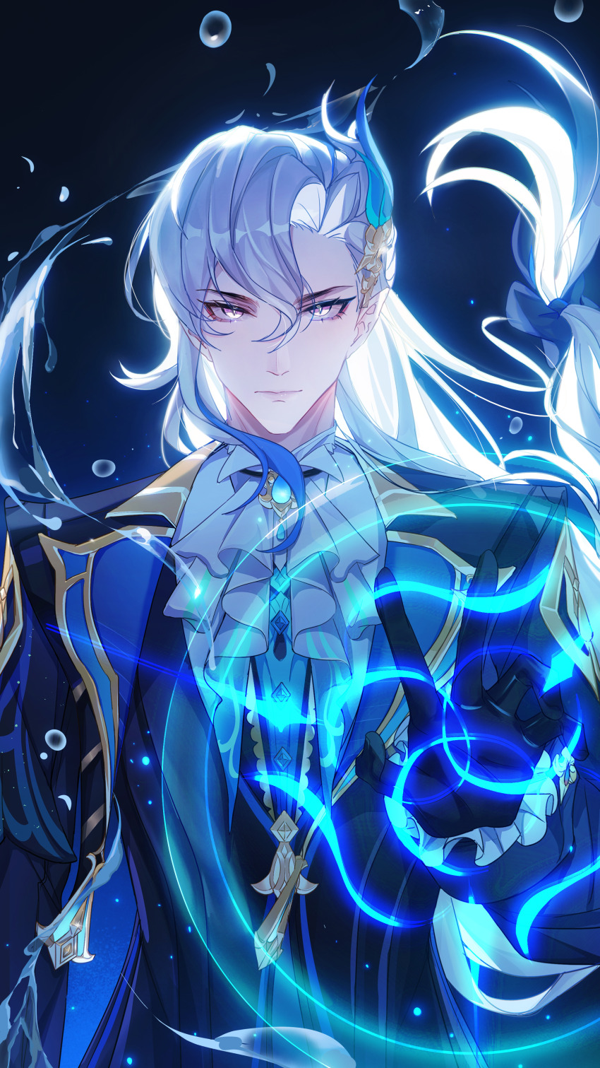 1boy absurdres ascot black_gloves black_jacket blue_eyes blue_hair closed_mouth coat genshin_impact gloves hair_between_eyes hair_ornament highres jacket long_hair long_sleeves male_focus multicolored_hair neuvillette_(genshin_impact) pointy_ears shenjudongmandabanban shirt solo streaked_hair white_hair
