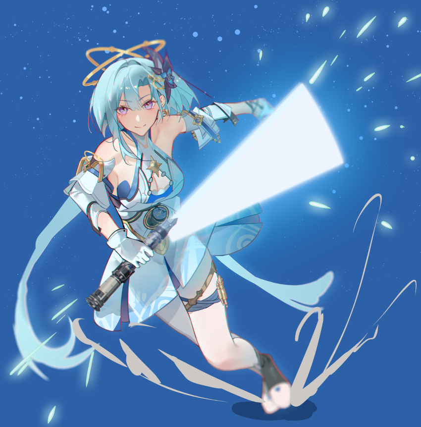 1girl absurdres bare_shoulders black_shoes blue_background blue_dress blue_hair breasts chinese_commentary cleavage closed_mouth comet-c commentary_request detached_sleeves dress energy_sword gloves griseo griseo_(cosmic_expression) hair_ornament halo highres holding holding_sword holding_weapon honkai_(series) honkai_impact_3rd large_breasts looking_at_viewer medium_hair pantyhose purple_eyes see-through_cleavage see-through_clothes shoes smile solo sword weapon white_gloves white_pantyhose white_sleeves