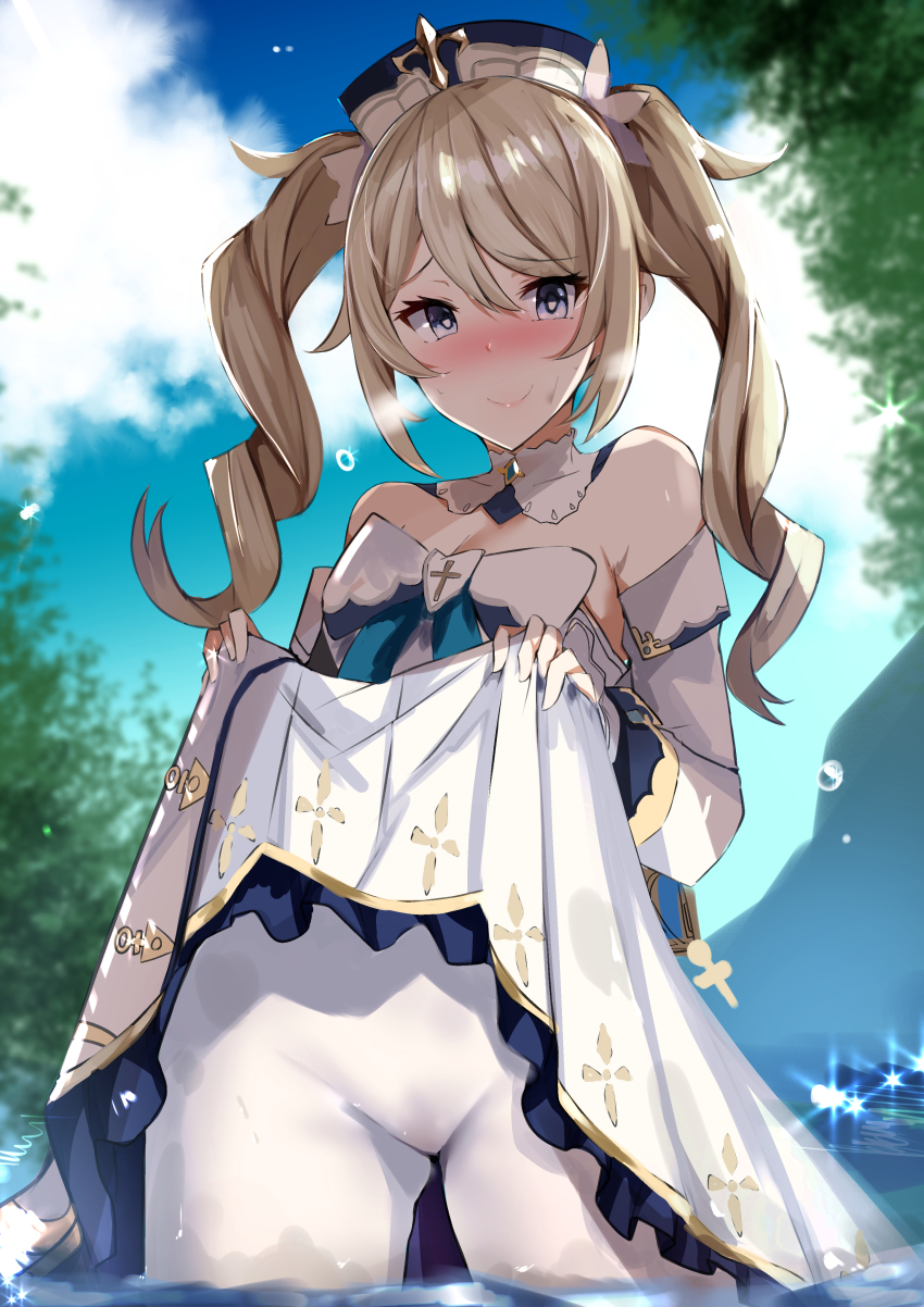 1girl absurdres barbara_(genshin_impact) bare_shoulders blonde_hair blue_eyes blue_sky blush bow bowtie clothes_lift cowboy_shot cross day detached_sleeves dress dress_lift drill_hair genshin_impact hat highres lifting_own_clothes long_hair looking_at_viewer muoto naughty_face outdoors pantyhose priestess skirt skirt_lift sky solo standing twin_drills twintails wading water wet wet_clothes wet_pantyhose white_dress white_pantyhose
