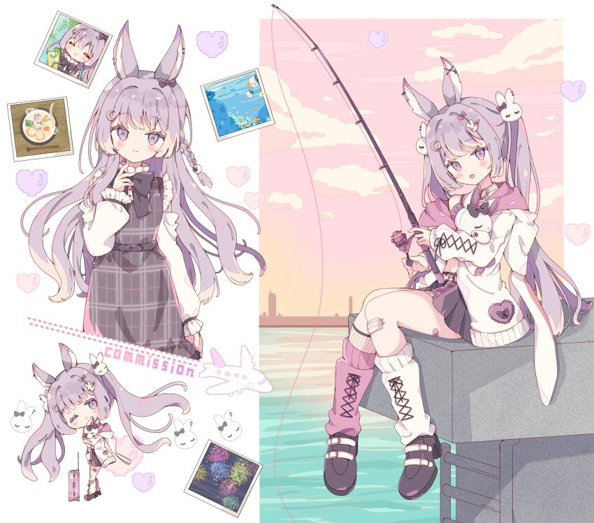 1girl :d animal_ears asymmetrical_legwear black_socks blush braid brown_shoes cardigan chibi closed_mouth cloud commentary commission cross-laced_clothes cross-laced_sleeves fishing_rod fishnet_socks fishnets full_body heart highres holding holding_fishing_rod indie_virtual_youtuber long_hair long_sleeves looking_at_viewer loose_socks mismatched_legwear multiple_views open_mouth outdoors photo_(object) pink_socks purple_eyes purple_hair rabbit_ears rabbit_girl shoes single_braid sitting skeb_commission smile socks tsukiyo_(skymint) twintails uduki_syuna virtual_youtuber white_cardigan white_socks