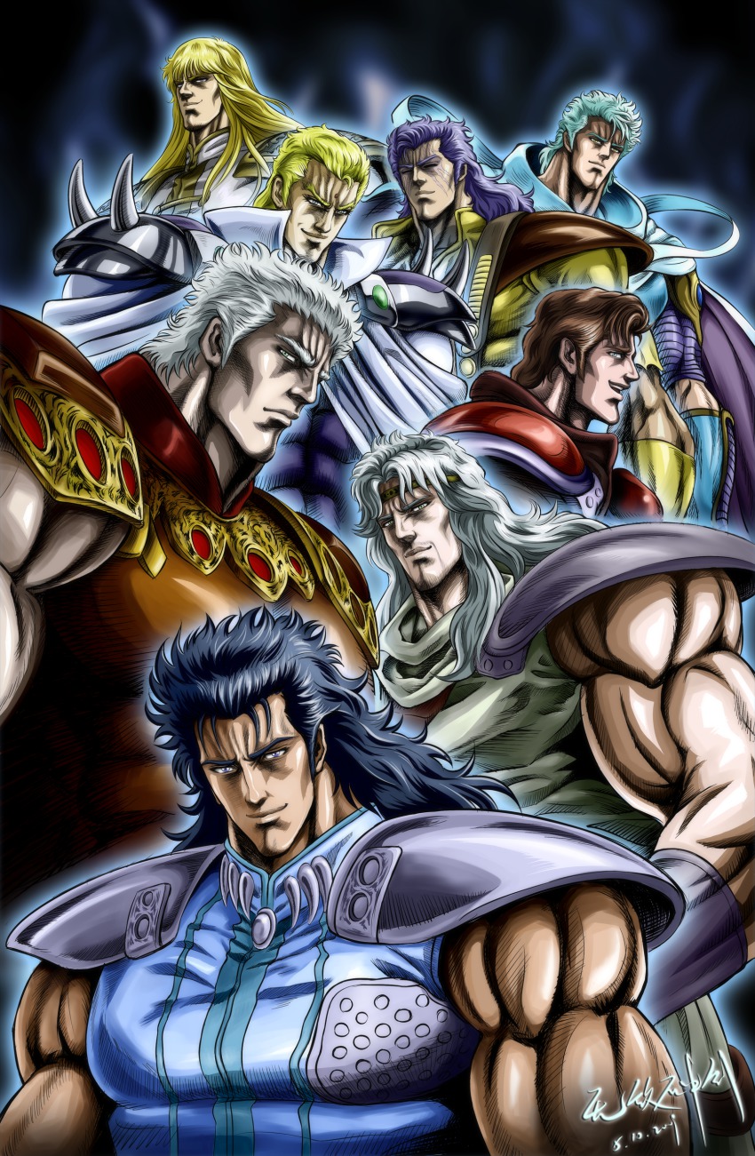 6+boys absurdres armor black_hair blonde_hair blue_hair brown_hair highres hokuto_no_ken juza male_focus manly md5_mismatch multiple_boys muscular pauldrons raoh raoh_(hokuto_no_ken) rei_(hokuto_no_ken) resized resolution_mismatch ryuga_(hokuto_no_ken) shew shin_(hokuto_no_ken) shoulder_armor shu_(hokuto_no_ken) shuralvbu silver_hair source_smaller souther toki_(hokuto_no_ken) upscaled