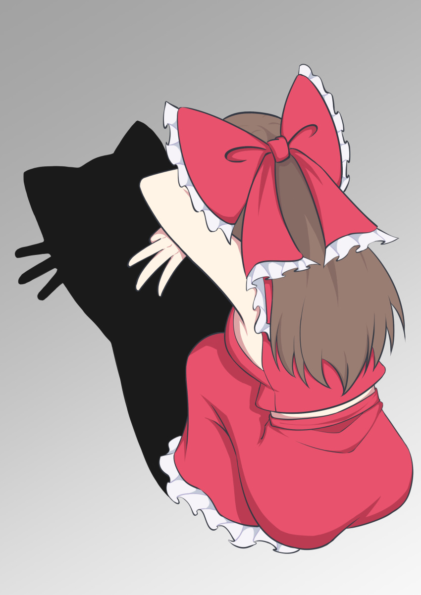 1girl absurdres ass bow breasts brown_hair cat_shadow_puppet_(meme) chinese_commentary commentary_request frilled_bow frilled_skirt frills hair_bow hakurei_reimu highres long_hair meme mixed-language_commentary piaoluo_de_ying_huaban red_bow red_skirt shadow skirt skirt_set solo squatting touhou