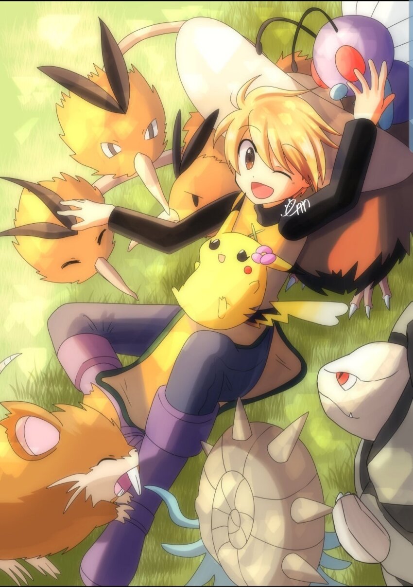 1girl ;d arm_up black_shirt blonde_hair blue_pants boots brown_eyes butterfree commentary_request dodrio erin_oekaki0803 flower game_freak gen_1_pokemon golem_(pokemon) hair_flower hair_ornament happy hat highres long_sleeves lying nintendo omastar on_back on_grass one_eye_closed open_mouth pants petting pikachu pink_flower pokemon pokemon_(creature) pokemon_adventures purple_footwear raticate shirt short_hair smile straw_hat swept_bangs tunic turtleneck turtleneck_shirt yellow_(pokemon) yellow_tunic