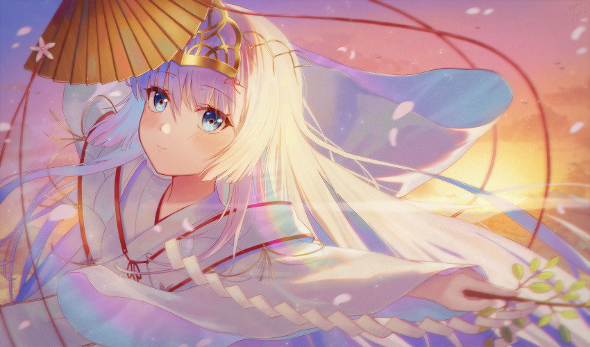 1girl alternate_costume blush branch closed_mouth commentary_request dancing evening flowingcrescent folding_fan hand_fan highres holding holding_branch holding_fan japanese_clothes kimono lens_flare long_hair long_sleeves looking_at_viewer miko naruse_shiroha outdoors red_ribbon ribbon ribbon-trimmed_kimono ribbon_trim sky solo straight_hair summer_pockets sun upper_body white_hair white_kimono wide_sleeves